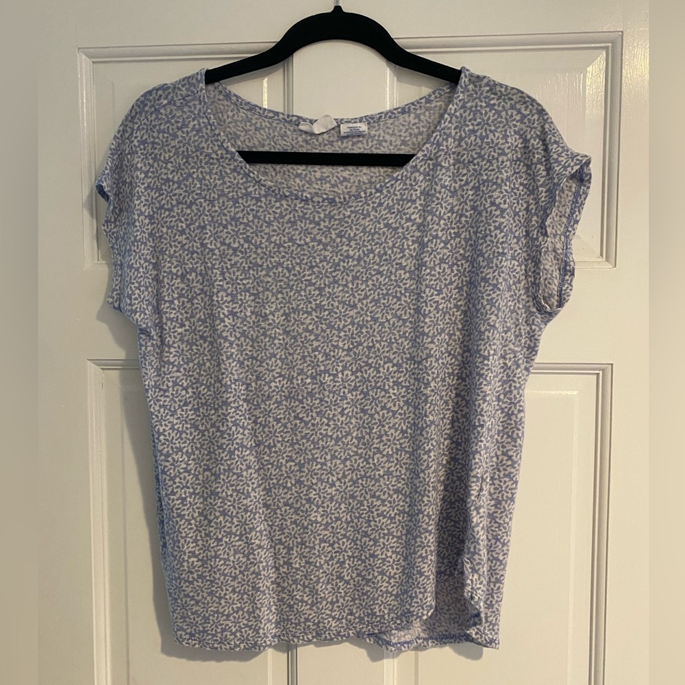 Sigrid Olsen Linen Blue & White Floral Shirt Summer tshirt